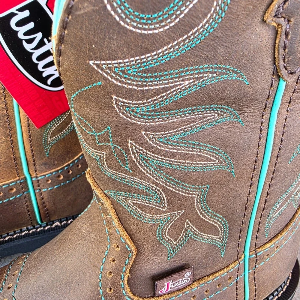 Justin Mandra Chocolate Water Buffalo Wide Square Toe Boots Size 6.5 B GY9624 - Picture 3 of 16